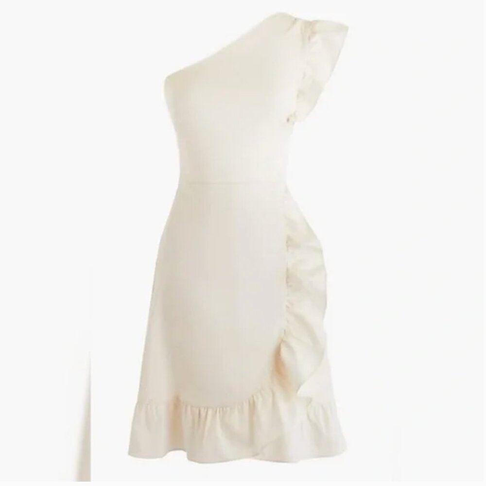 J CREW ivory white one shoulder ruffle dress in stretch faille